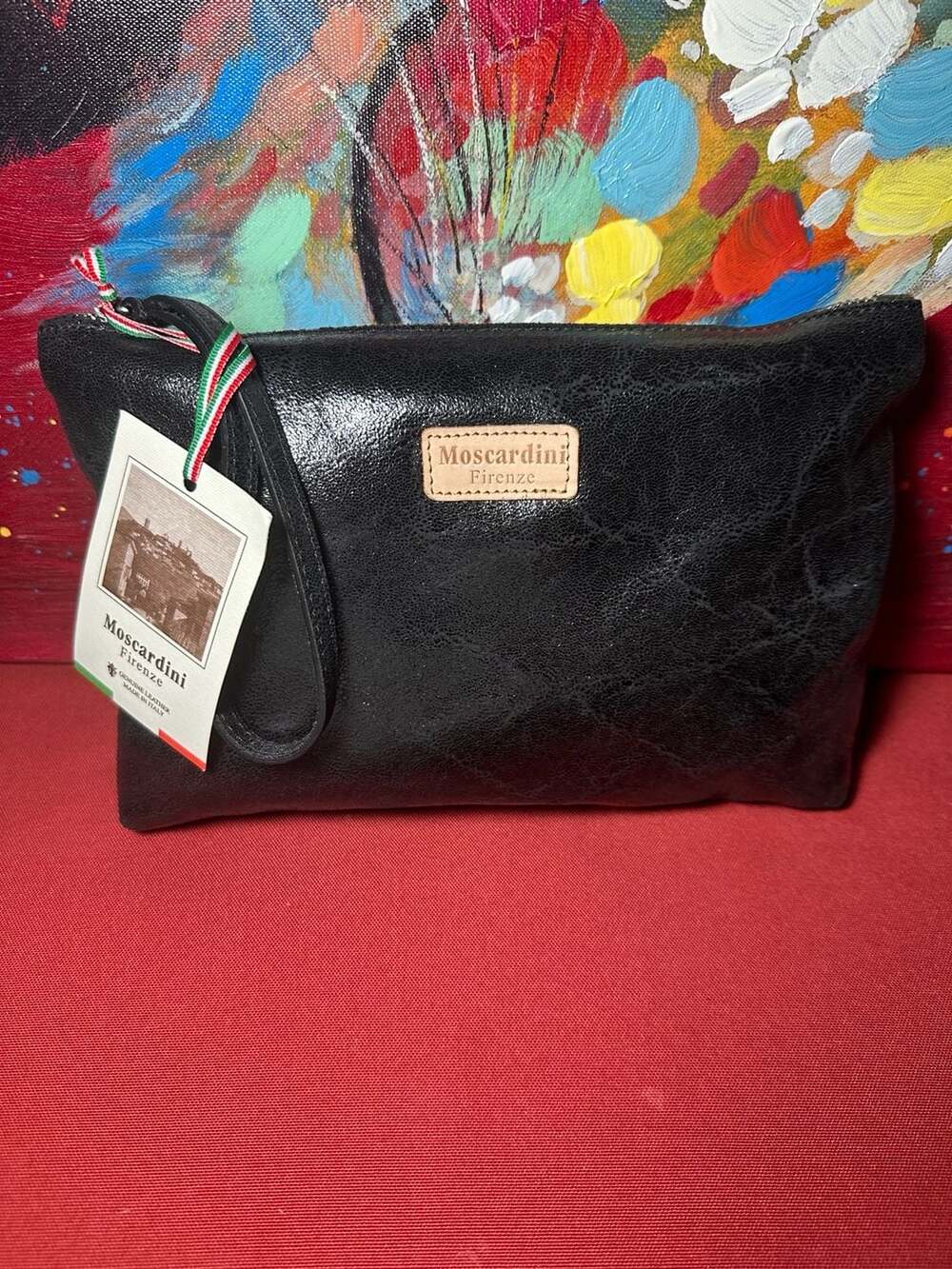 Moscardini Firenze Art. 653 Black Distressed Genuine Leather Wristlet Pochette C